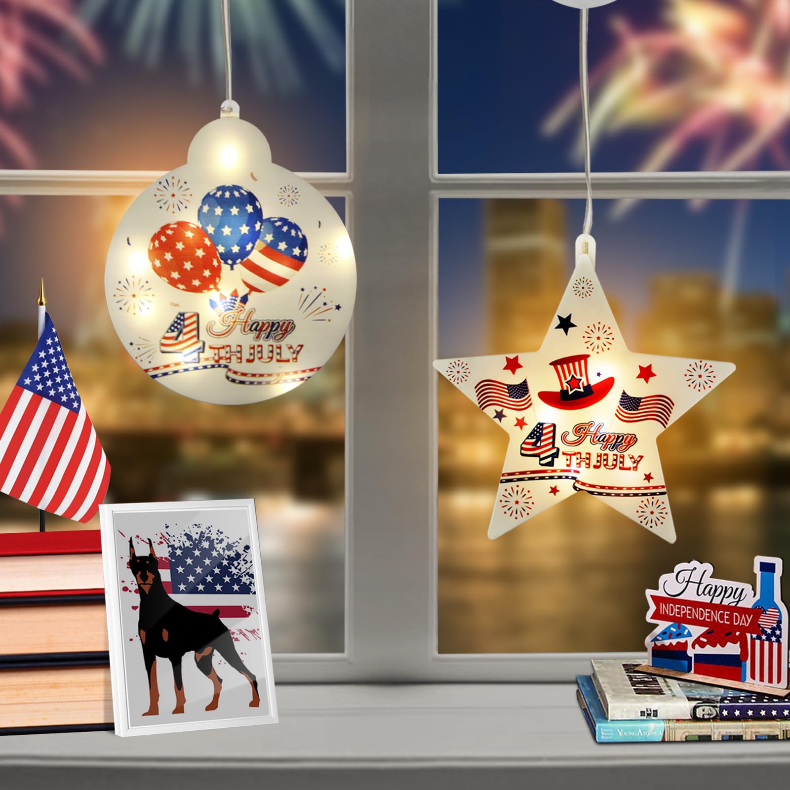 Photo 1 of XTF2015 4th of July Window Lights Decorations?Red White and Blue Decorations Lights, Circle and Pentagram USA Flag Lights Pendant Decoratio, Suction Cup Battery Box with Hook Powered (2PC)