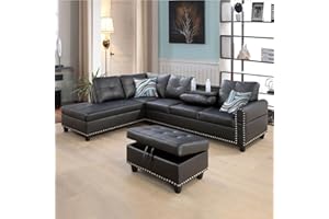 UBGO Living Room Furniture Sets,Sectional Folded Cup Holder,L-Shape Storage Ottoman and Chaise,Nailhead Trim Faux Leather Sofas & Couches for Apartments, Black-A