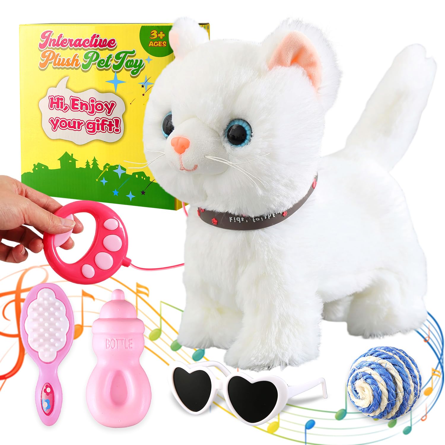 Marsjoy White Leash Walking Cat Set Singing That Purrs and Meows Animated Plush Robot Kitten Pet Moving Plush Realistic Stuffed Animal Remote Control Cute Kawai Robotic Kitty Toy for Kid