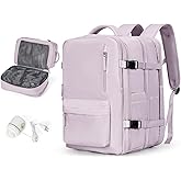 Vacuum Backpack Travel with Pump, 45L Expandable Travel Backpack for Women, Large Storage Vacuum Compression Bags with Shoe Compartment/17inch Laptop Compartment/USB Port, Cream-Pink