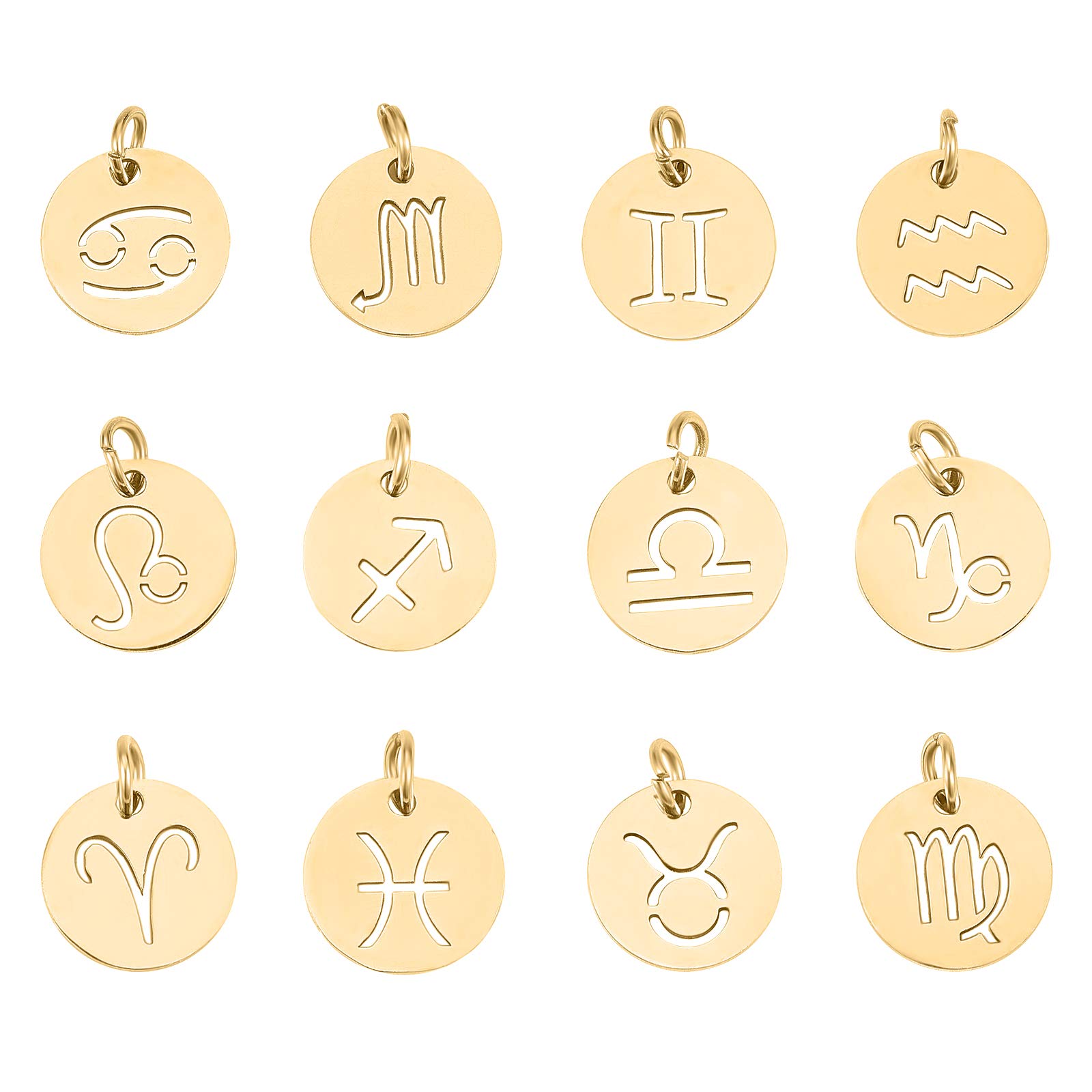 UNICRAFTALE About Stainless Steel 12 Constellations Charm Zodiac Sign Pendants Charms Golden Flat Round with Constellation Pendant for DIY Jewelry Craft Making
