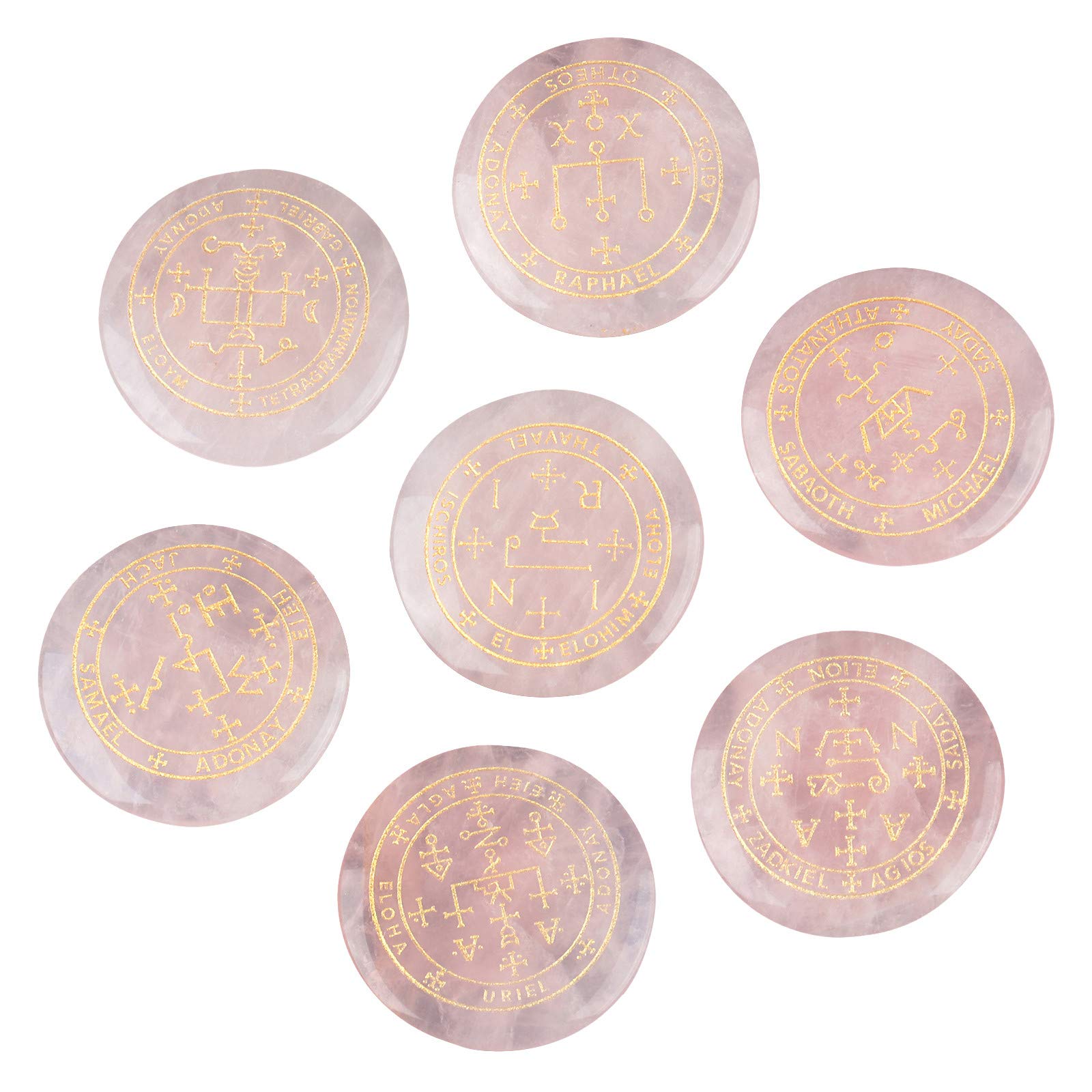 mookaitedecor 7 Piece Rose Quartz Stones with Engraved Magic Archangel Symbol Polished Palm Stone for Reiki Crystal Healing