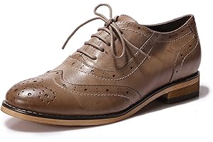 Mona flying Womens Leather Flat Oxfords Shoes for Women Perforated Lace-up Wingtip Vintage Brogues Shoes