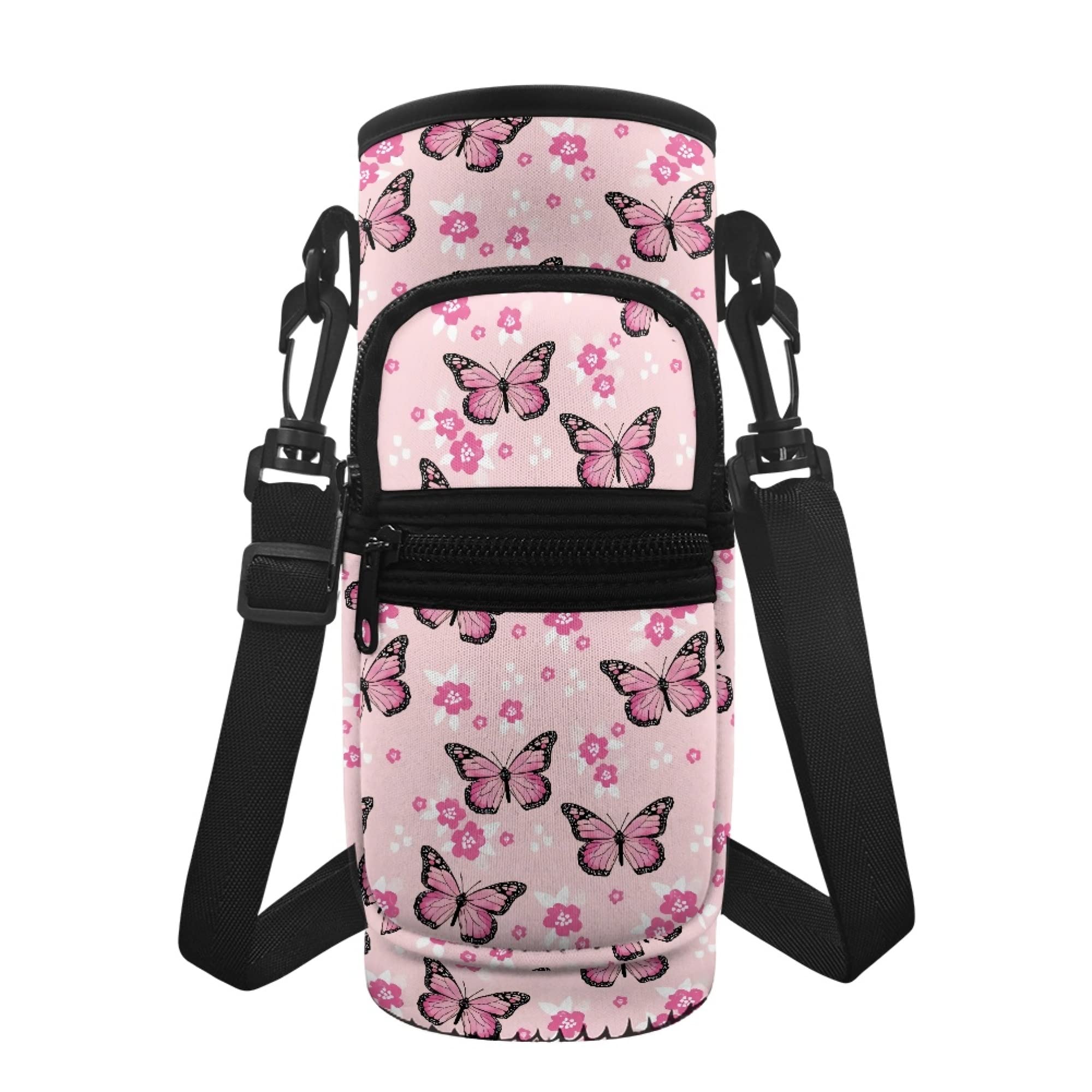 chaqlin Pink Butterfly Water Bottle Carrier Bags for Girls,Butterfly Print Bottle Pouch Holder Insulated Crossbody Water Bottle Case Cover,Women Hiking Running Bottle Cover Bag