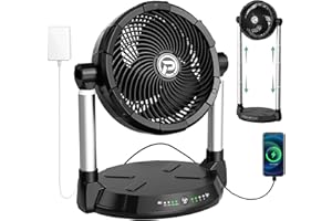 KITWLEMEN 40000mAh Battery Operated Fan - 12" Rechargeable Floor Fan, 4 Speeds, 65Hrs Cooling, 34.6" Height Adjustable, 12V Output Cordless Fan, Portable for Camping, Travel, Hurricane, Power Outage