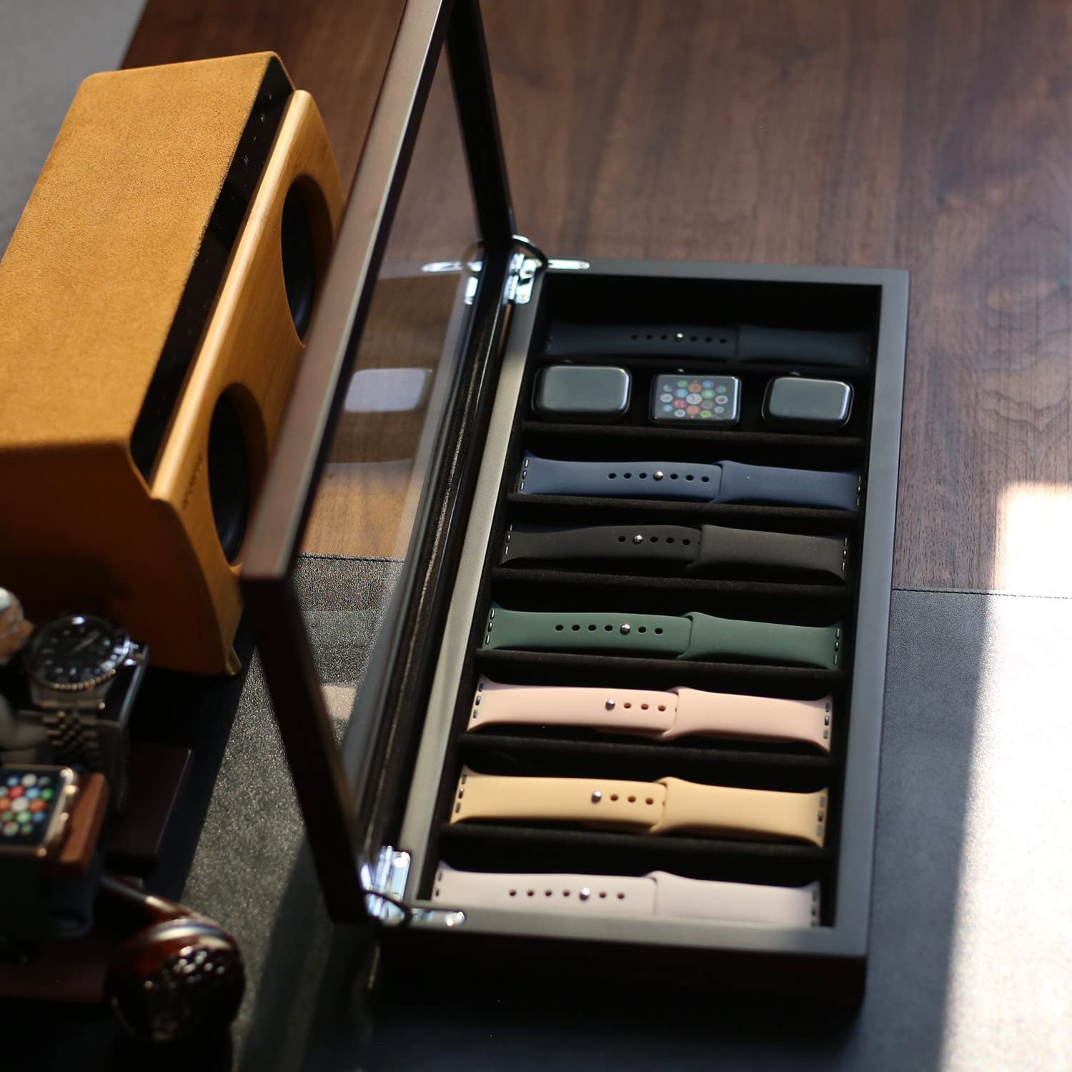 Besforu Watch Band Organizer - Holder Case for Men or Women, Wooden Storage Box Compatible with Apple Watch Bands and Accessories (Ebony Veneer, 8 Slot)