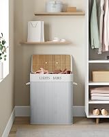 SONGMICS 100L Laundry Basket with Lid Bamboo Foldable 2 Compartments Grey view 3