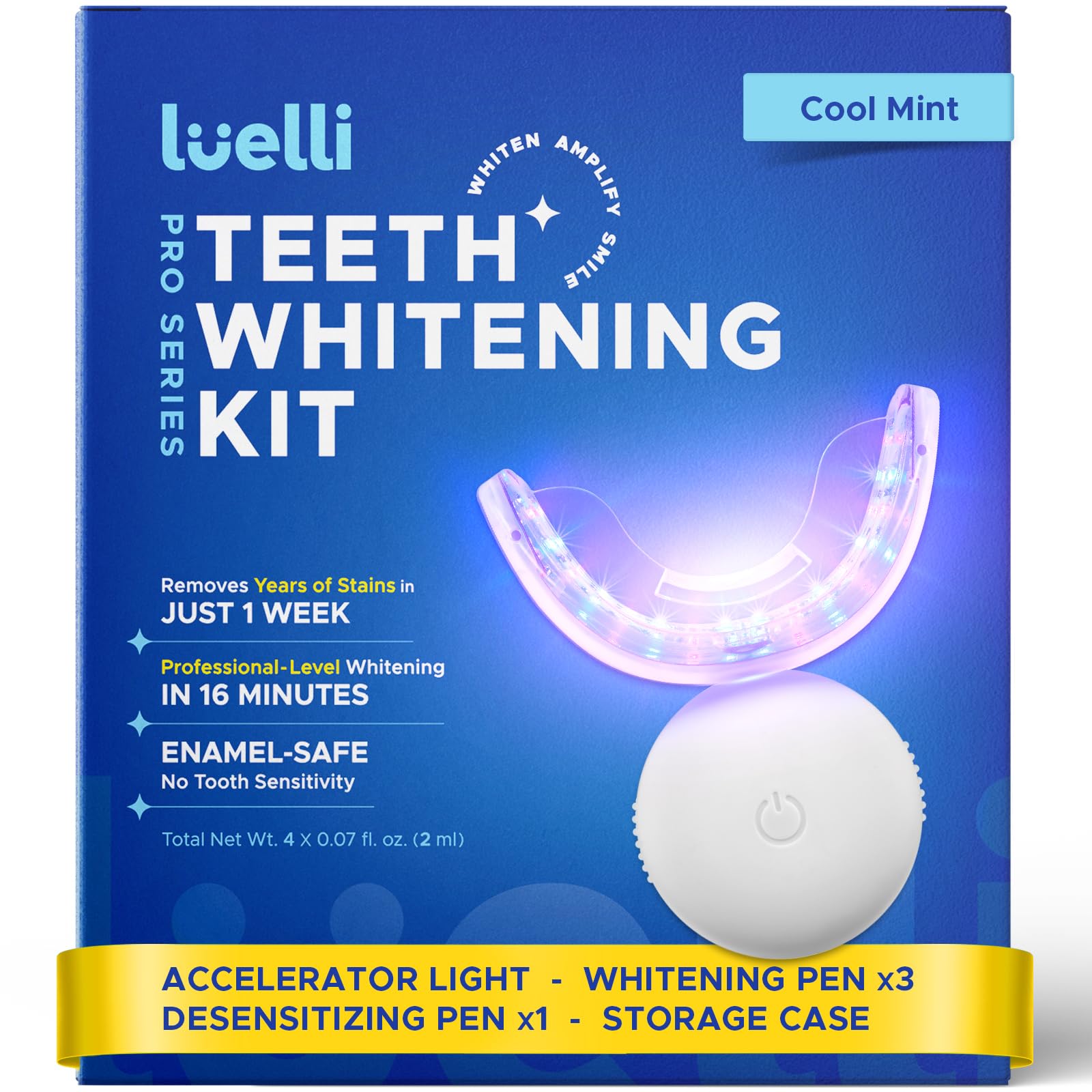 Photo 1 of Luelli Teeth Whitening Kit with 35% Carbamide Peroxide - Teeth Whitener for Sensitive Teeth | Enamel Safe - 32 LED Lights - Wireless with Tray and Whitening Gel Pen for Home | Travel (Cool Mint)