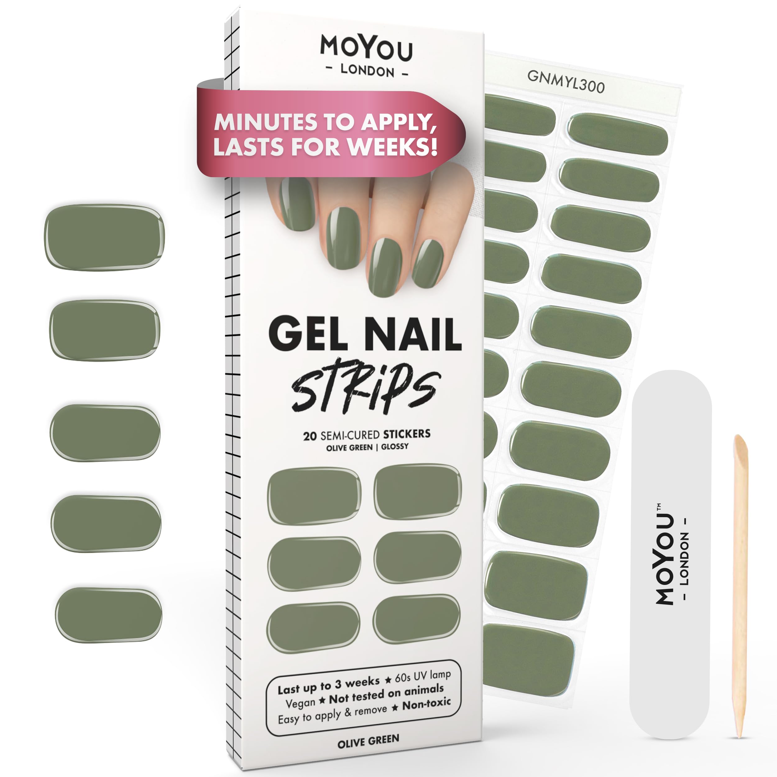 MOYOU LONDON Semi Cured Gel Nail Strips - 20 Pcs. Waterproof Gel Nail Wraps, Cures in Sunlight or UV/LED Lamp, Lasts Up to 2+ Weeks, Stretchable, Easy to Apply & Remove, Vegan & Cruelty-Free