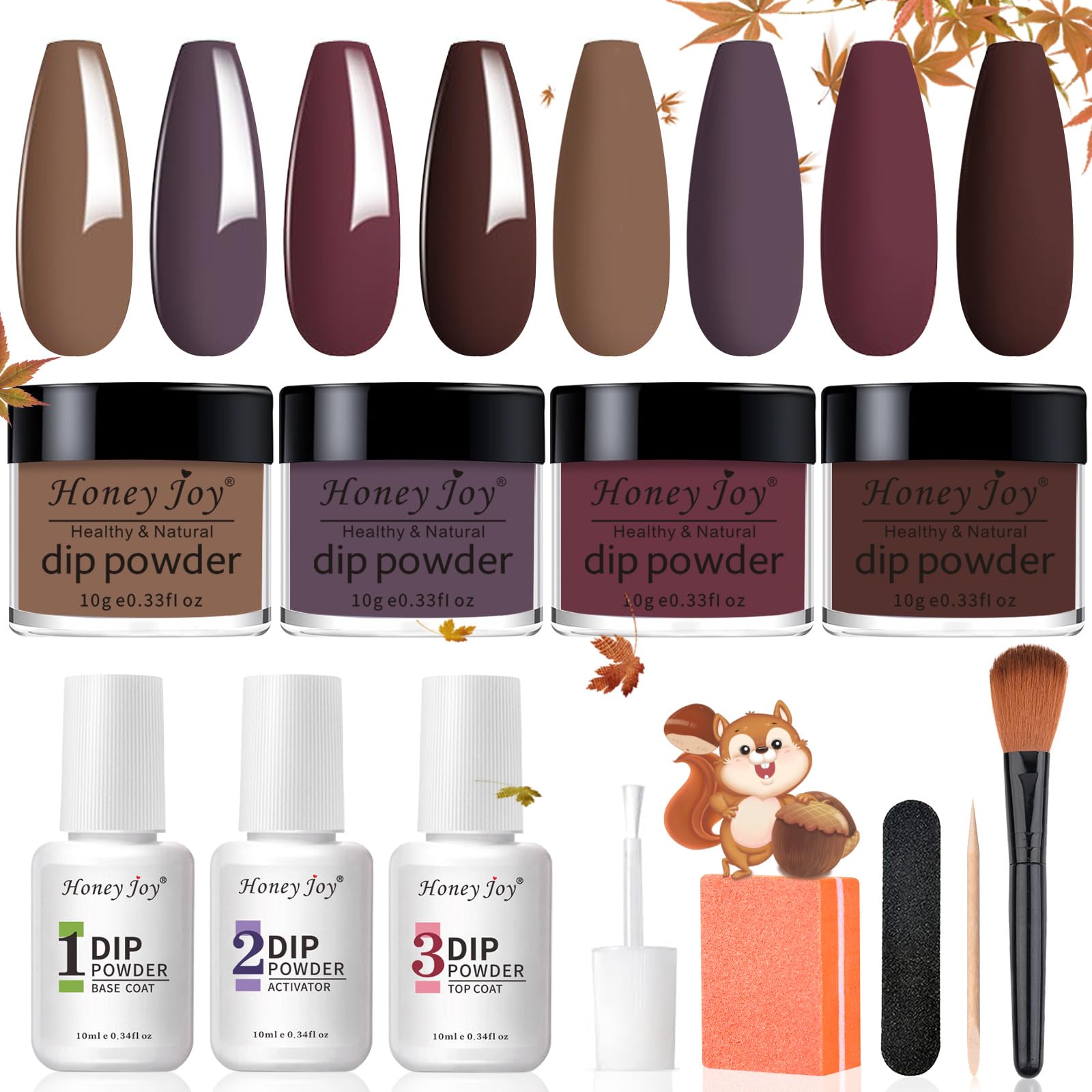 Honey Joy Dip Powder Nail Kit Starter, 4 Colors Fall Dip Powder Kit with Base Top Coat for Nail Art Manicure Salon DIY, Dip-7pcs-No.18