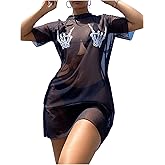 WDIRARA Women's Goth Graphic Sheer Mesh Cover Up Short Sleeve See Through Beach Dress