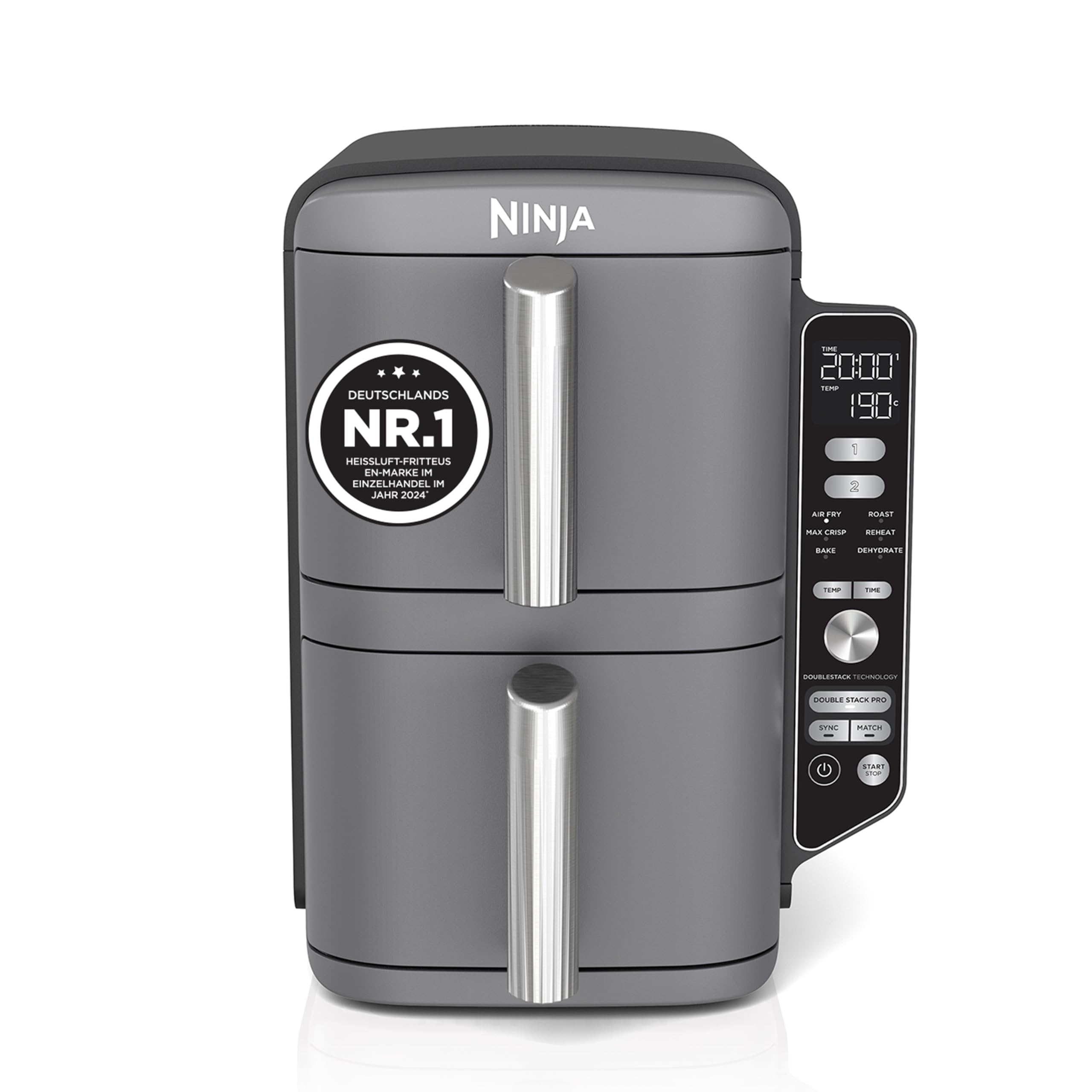 Ninja Double Stack XL Air Fryer Heißluftfritteuse, 9,5L Airfryer, Doppelkorb-Heißluftfritteuse mit 4 Kochstufen, 2 Körben, 2 Rosten, platzsparendes Design, 6 Kochfunktionen, 8 Portionen, Grau SL400EU