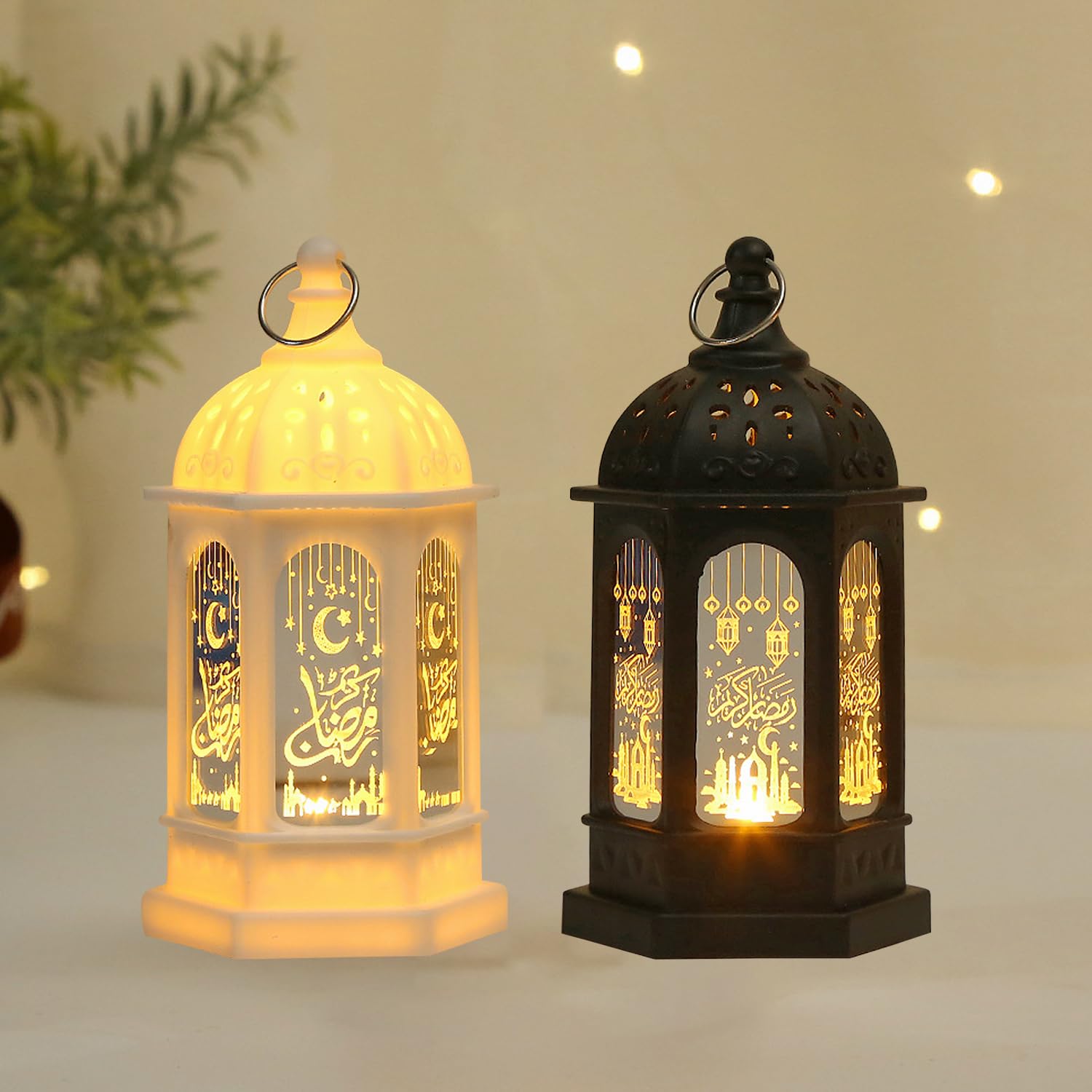 Mini Ramadan Candle Lantern Decorations for Centerpiece, Moroccan Style LED Eid Hanging Lantern Decorations for Home Halloween Wedding Christmas Table Decor (Black and White)