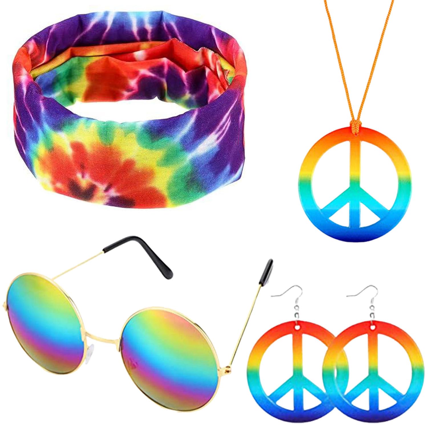 Bagtopia Hippie Costume for Women, 60s 70s 80s Fancy Dress for Men, Headband, Sunglasses, Necklace and Earrings Accessories