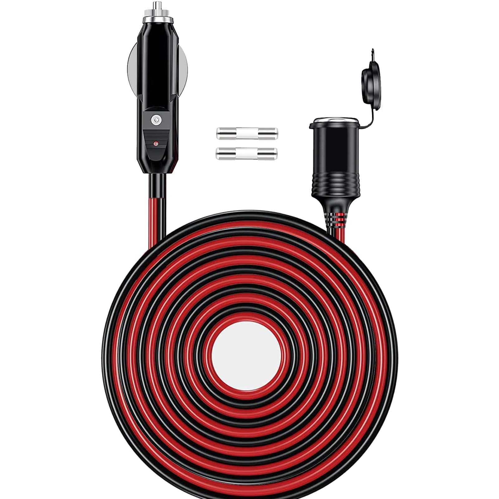 Photo 1 of 1PCS 26FT 12V/24V Heavy Duty Cigarette Lighter Extension Cable 16AWG, 156W/15A Male Plug to Female Socket Adapter Extension Cord with 2*20A Fuse and LED Lights for Inflator, Tire Pump, Air Compressor