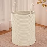 JMvicyroam Large Woven Laundry Basket Hamper,60L Cotton Rope Storage Bin for Blankets,Toys and Clothes,Decorative Tall Nursery Hamper for Living Room,Baby Nursery,Bathroom and Bedroom,Beige
