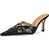 HoanTiai Women's Pointy Heeled Sandals, Slip On Studded Kitten Heels, Cross Buckle Heeled Mules, Summer Party Bride Wedding Pump Shoes, 3.25IN