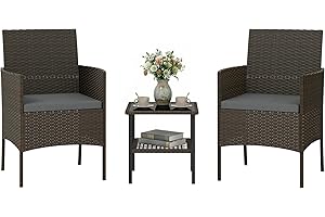 Outsunny 3 Piece Wicker Patio Furniture Set, Rattan Bistro Set with 2 Patio Chairs, 2-Tier Glass Table, Cushions, Outdoor Con