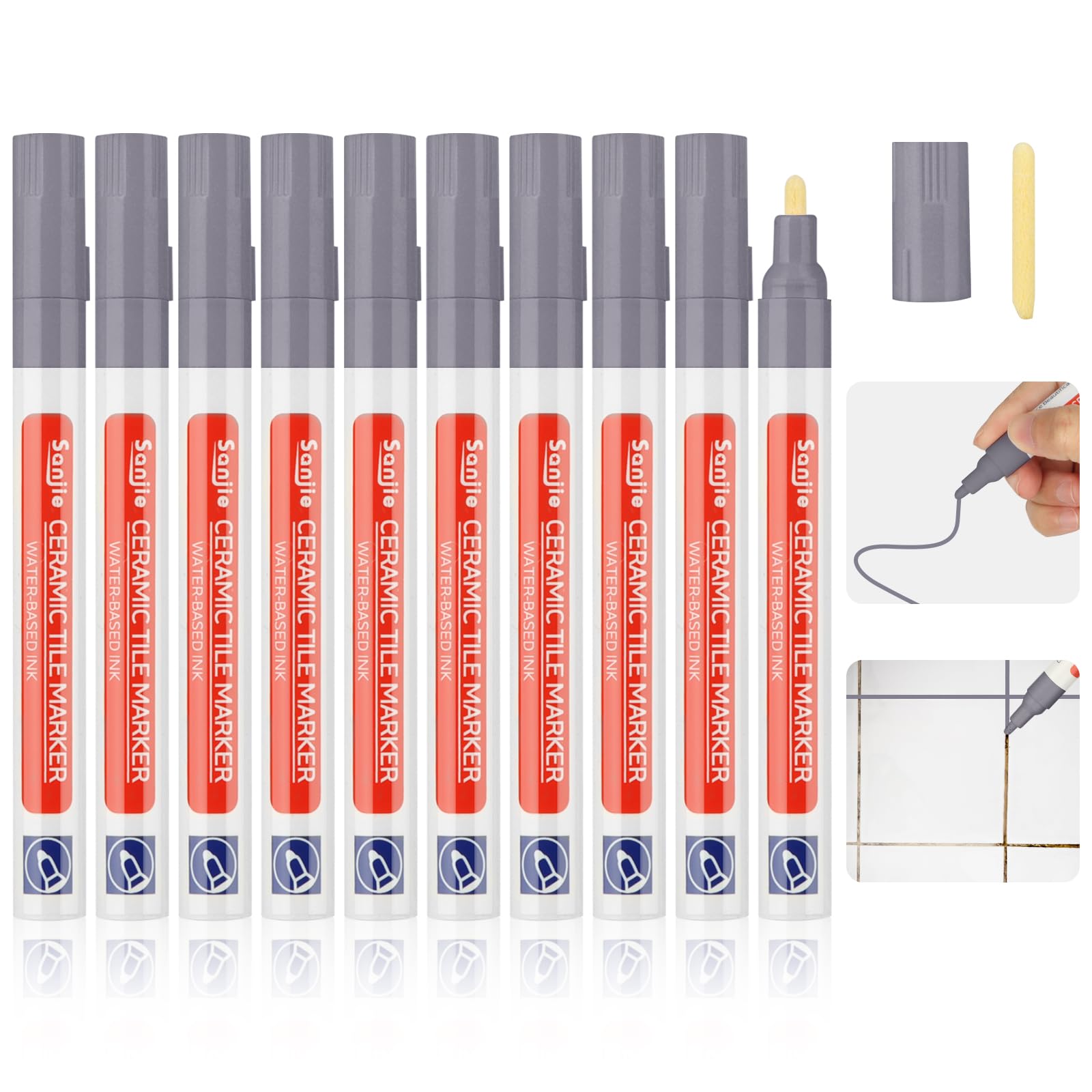 10 Pcs Tile Pen, Light Gray Grout Pen for Tiles Bathroom with Replacement Nib Tips Anti-Grout Light Gray-Blue Tile Pen Marker for Restoring Tile Grout Wall Floor Bathroom Kitchen and Floor Tiles