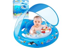 GLOPUS Baby Pool Float with Canopy UPF50+ Sun Protection, Inflatable Kids Pool Floats with Toy Play Console for Baby 6-36 Months, Infant Swimming Float with Adjustable Safety Seat for Boys Girls