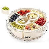 Divided Snack Serving Tray with Lid and Handle，Snackle Box Container for Fruits Candy Organizer，Portable Spinning Rounded Veggie Tray for Kitchen, Party, Trave and Picnic