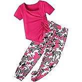 Sislerew Girls Clothes Irregular Ruched Drawstring Short Sleeve Top and Girls Camouflage Pants 2Pcs Summer Girls Clothes