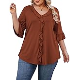 Beauhuty Women's Plus Size Shirts V Neck Ruffle Tops Dressy Casual 3/4 Bell Sleeve Blouses Business Trendy Work Tunic