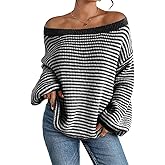 Women's Oversized Striped Sweater Casual Off The Shoulder Sweater Fall Long Sleeve Loose Knit Pullover Jumper Tops