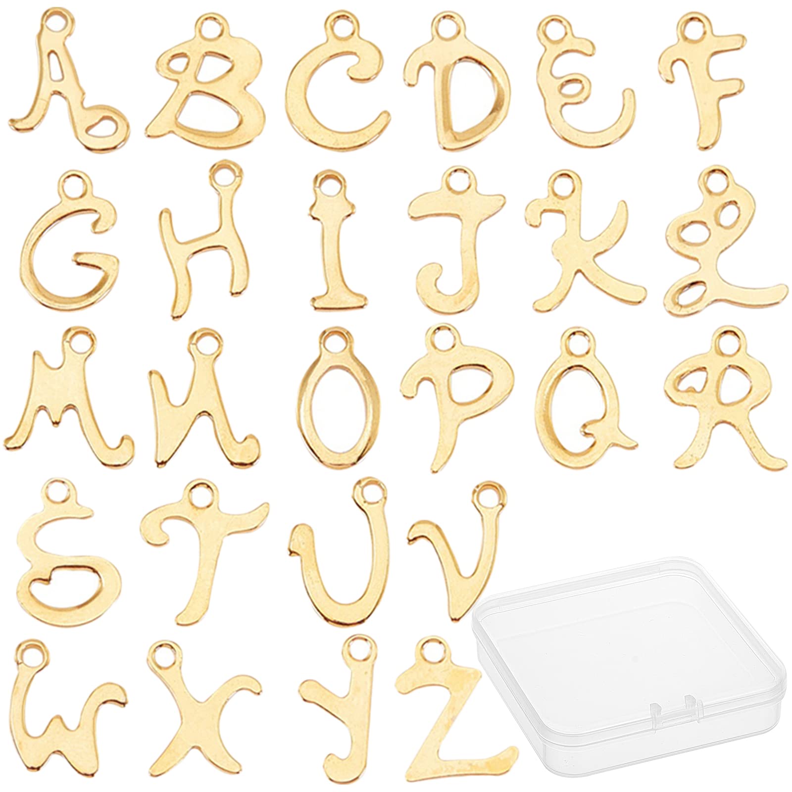SUNNYCLUE 1 Box 52Pcs 26 Alphabet Letter Charms Stainless Steel A-Z Metal ABC Pendants Mini Initials Loose Beads with Hole for Personalized Jewelry Making DIY Necklace Supplies, Golden