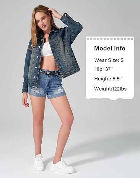 ROSWEAR WOMEN’S DENIM JACKETS OVERSIZED BUTTON LONG SLEEVE WASHED JEAN TRUCKER JACKET WITH POCKETS FADED DENIM BLUE MEDIUM