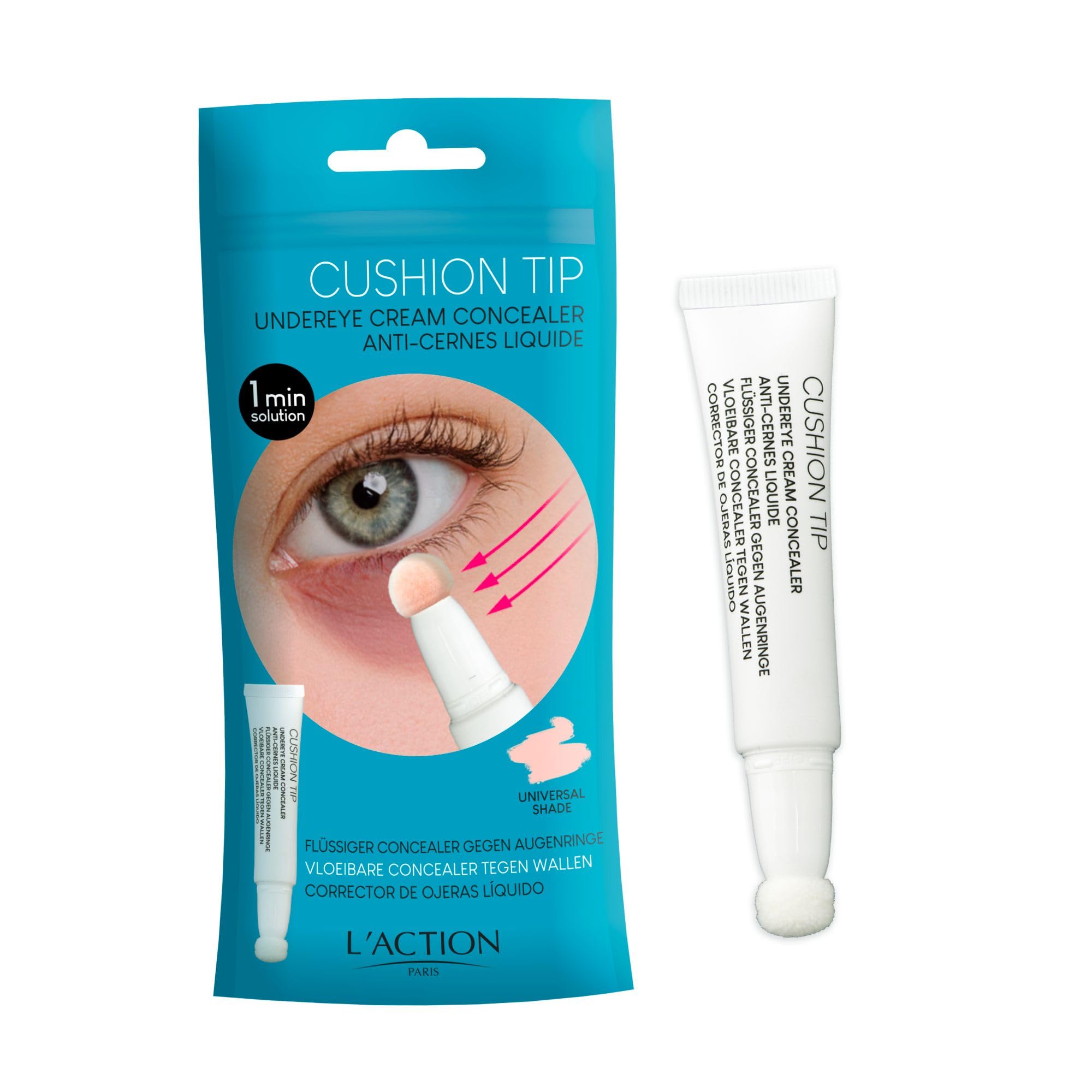 L'Action Paris Cushion Tip Undereye Cream Concealer, Covers Under Eye Circles, Soft and Gentle Applicator with Practical Cushion Tip, Universal Shade 8g