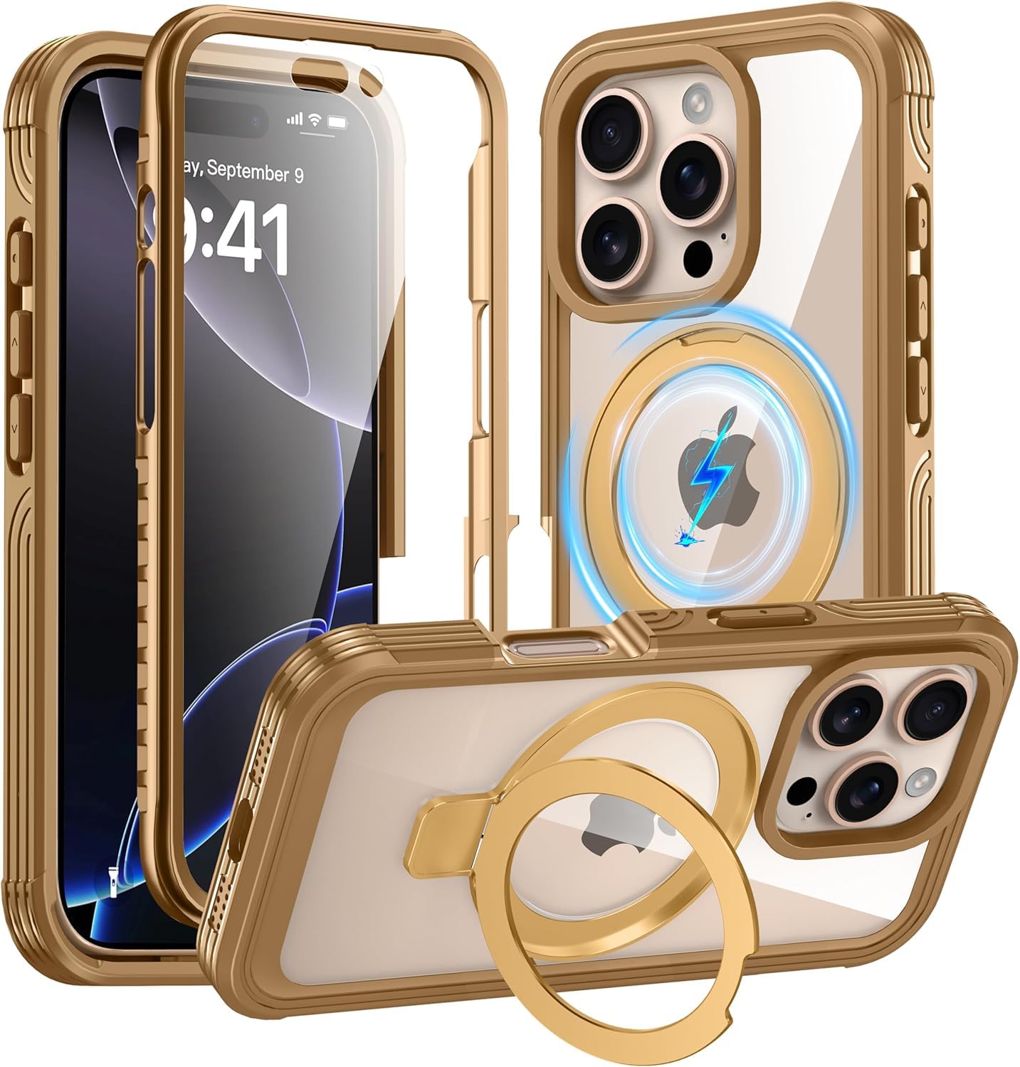 Photo 1 of GUSTAVE Magnetic Stand for iPhone 16 Pro Case [Fit for Magsafe] [Built-in 9H Tempered Glass Screen Protector] Full-Body Shockproof Military-Grade Protective Case Rose Gold