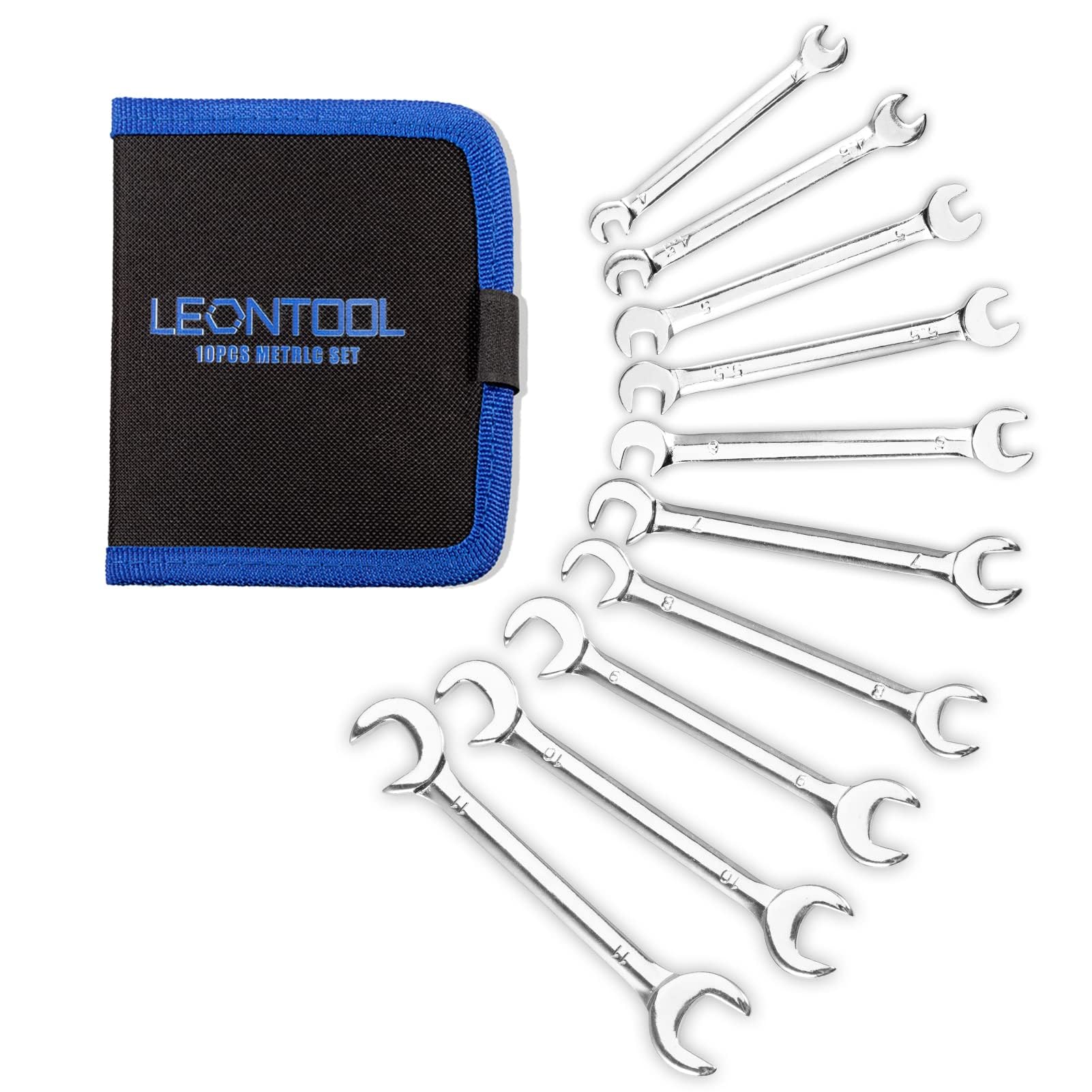 LEONTOOL Mini Double Open End Wrench Set Metric 10 Pcs 4mm to 11mm with Portable Storage Pouches Mirror Chrome Finish Super Thin Open Ended Spanner Double Angle Head for Small Fasteners — image 1