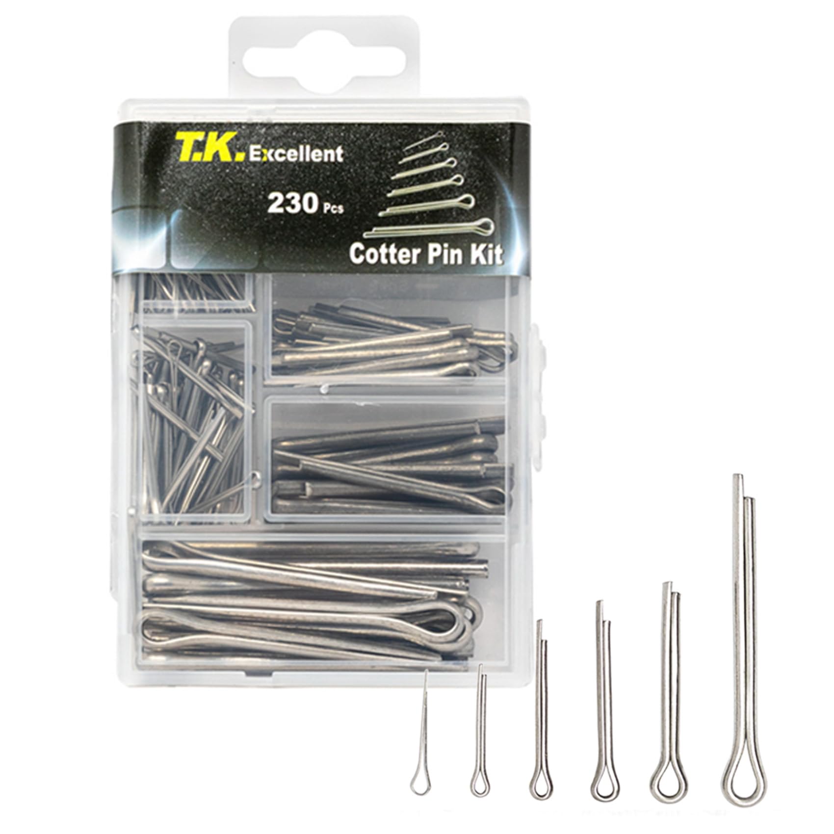T.K.Excellent 304 Stainless Steel Split Pins and Cotter Pins Assortment Set Value Kit, 230 Pcs - Marine Grade Assorted Sizes
