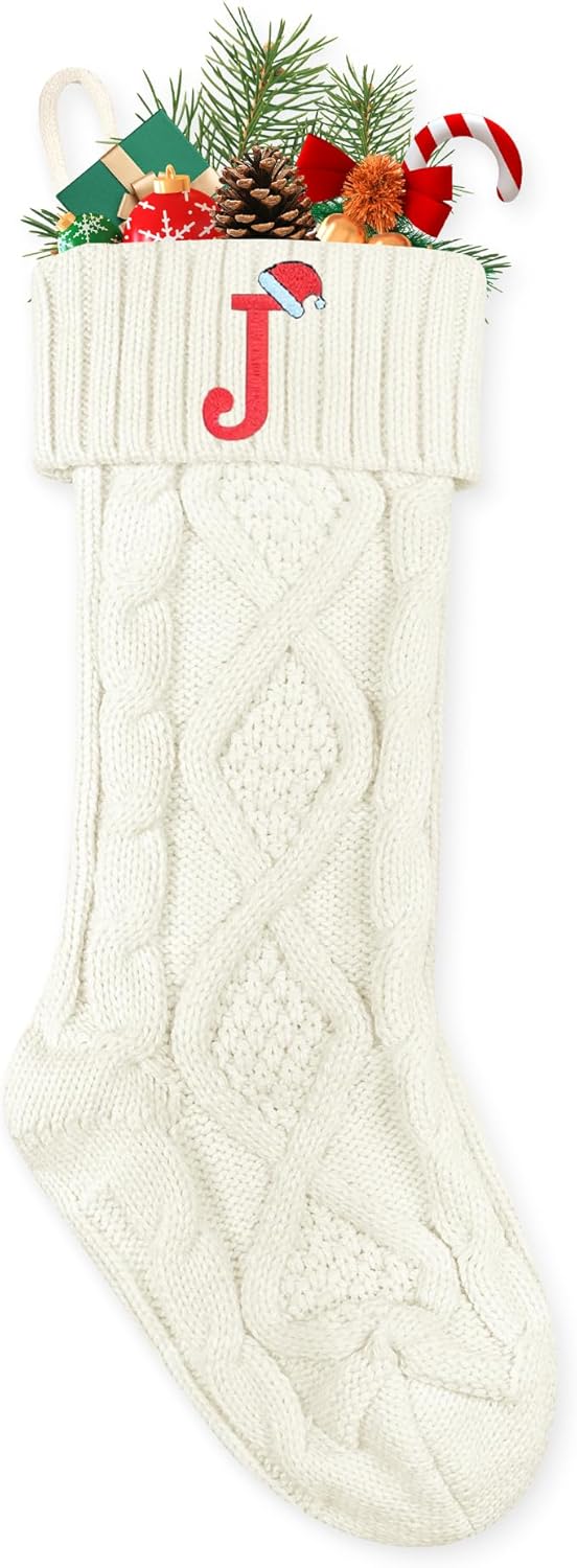 Stockings & Holders - CRSTAFU J Personalized Christmas Stockings, 20 Inch Large Family Embroidered Initials White Knitted Xmas Stocking