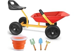 KOVOME Kids Sand Dumper, 4 Wheels Ride-on Wheelbarrow Toy, Steel Garden Sandbox, Outdoor Beach Toy, Age 3+ Kids Metal Play To