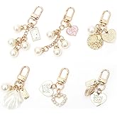 chihimoer 6Pcs Gold Ocean Shell Conch Heart Keychains Accessories for Women,Cute Car Keychain Charm with Pearl Tassel for Wallet and Purse and Bag