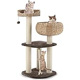 PETSITE 41" Tall Modern Cat Tree Tower, Rattan Cat Activity Tree w/Perch, Scratching Posts & Removable Cushions, Multi-Layer