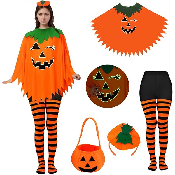 Costume Halloween Citrouille Pour Femme/Adulte - Cape, Chapeau Et Sac à Bonbons Phosphorescents 3 Pièces - Tissu Polyester