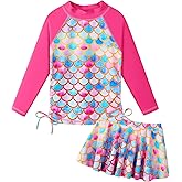 BAOHULU Girls 2-Piece Rash Guard Swimsuit Long Sleeve Bathing Suit with Swim Skirt UPF50+ Kids Beach Swimwear 2-12Y