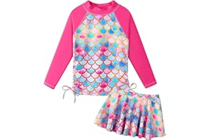 BAOHULU Girls 2-Piece Rash Guard Swimsuit Long Sleeve Bathing Suit with Swim Skirt UPF50+ Kids Beach Swimwear 2-12Y