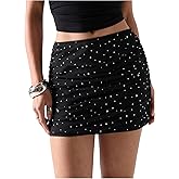 SOLY HUX Women's Glitter Mini Skirt Sparkly Rhinestone Mesh Ruched Bodycon Party Club Going Out Skirts
