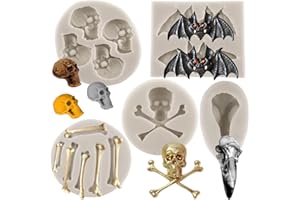 Sijiangmold Halloween Cupcake Fondant Molds Bat Raven Head Skull Silicone Mold Skull Head Skeleton Bone Mold For Halloween Cake Decorating Cupcake Topper Chocolate Gum Paste Polymer Clay Set Of 5