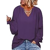 Eytino Womens Plus Size Tops Sexy V Neck Smocked Long Sleeve Casual Chiffon Blouse Flowy Work Shirts(1X-5X)