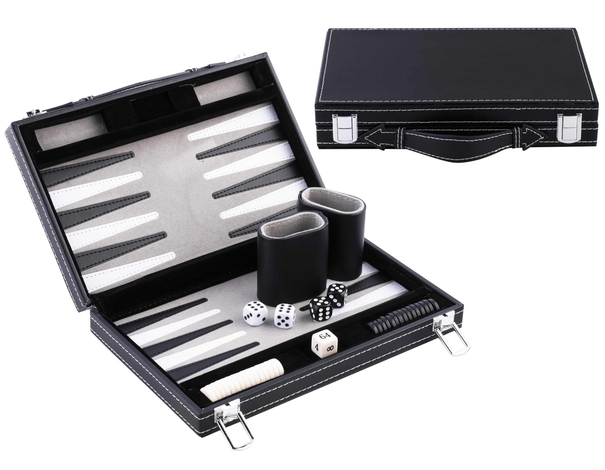 Engelhart- Travel Backgammon 11" travel game, inlaid velvet stitching leatherette playing field in attache case (Black/White/Gray)