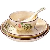 4-Piece Ceramic Dinnerware Set, Plate, Dish, Bowl, Spoon | Japanese Hand-painted Vintage Willow‑Pattern Tableware set, A great Tableware. Microwave &amp; Dishwasher Safe