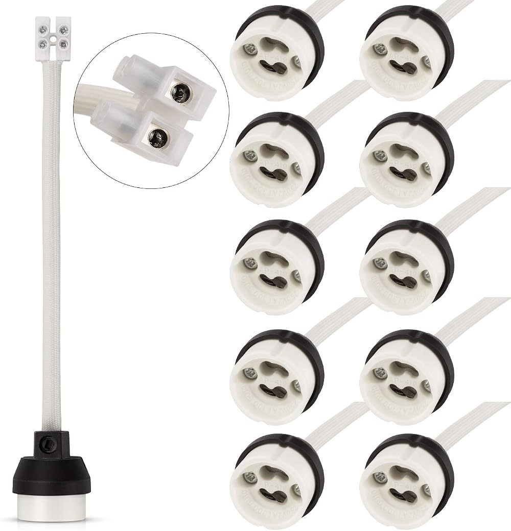 DiCUNO GU10 Lamp Holder 0.75mm² Ceramic Base 15cm Wire 300W 2A 10 Pack