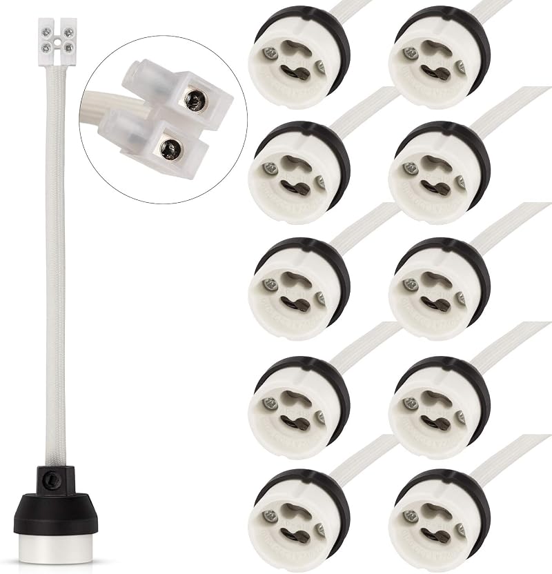 DiCUNO GU10 Lamp Holder 0.75mm² Ceramic Base 15cm Wire 300W 2A 10 Pack