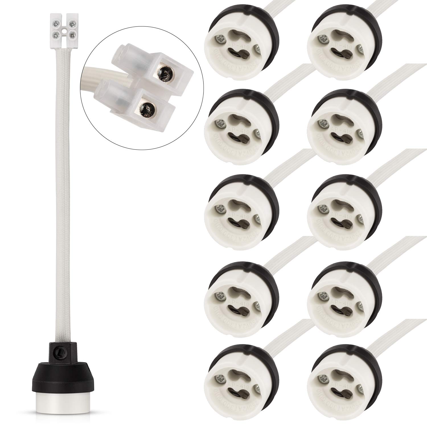 DiCUNO GU10 Lamp Holder 0.75mm² 15CM/150MM Wire GU10 Connector Ceramic Base for Spotlight Bulb, 0-250V, 300W, 2A, 10 Packs