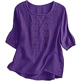 Kistore Women's Embroidered Blouses 2026 Short Sleeve Lace Trim Crew Neck Trendy Casual Tops Pullover Shirts
